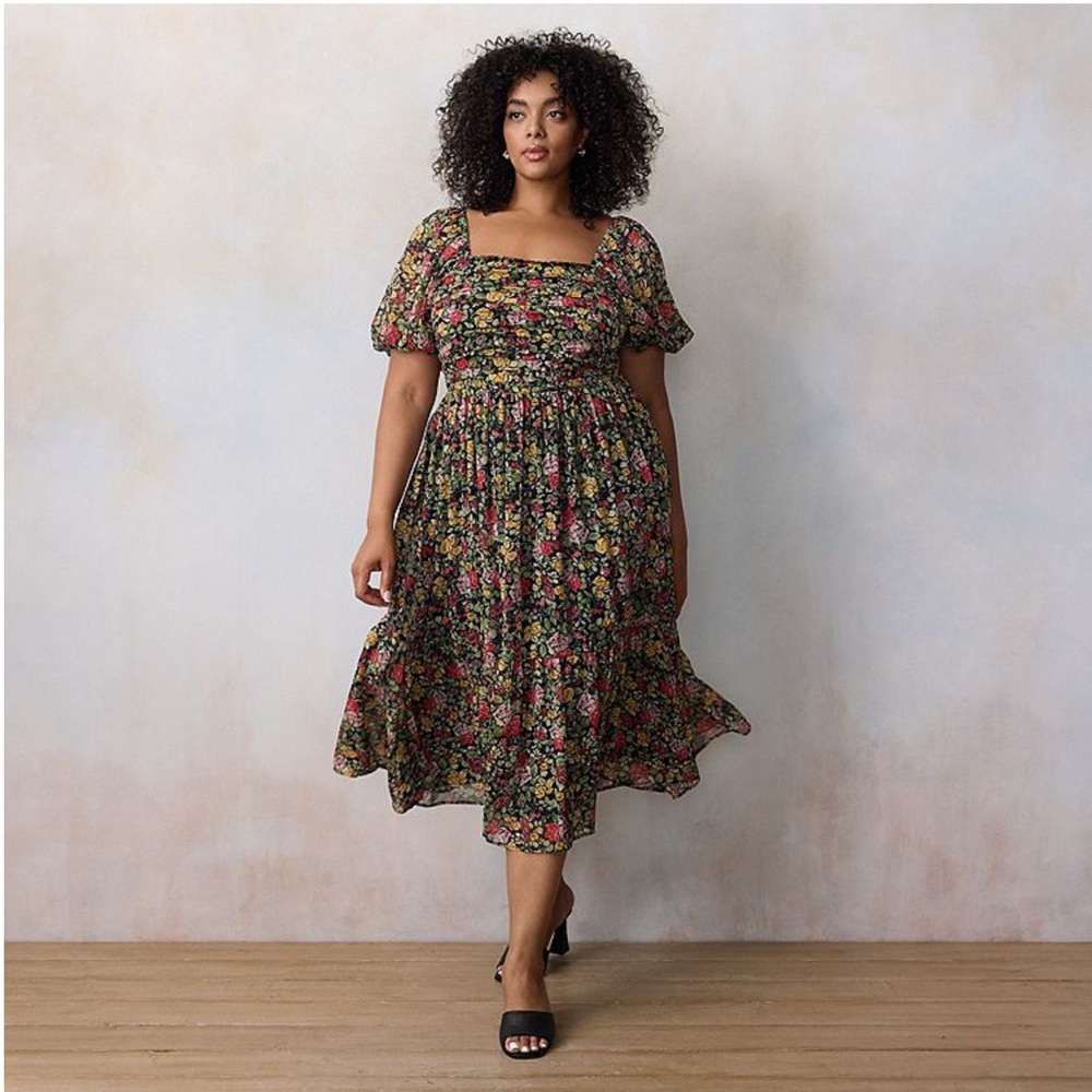 LC Lauren Conrad Floral Midi Dress - Black, yellow and Pink